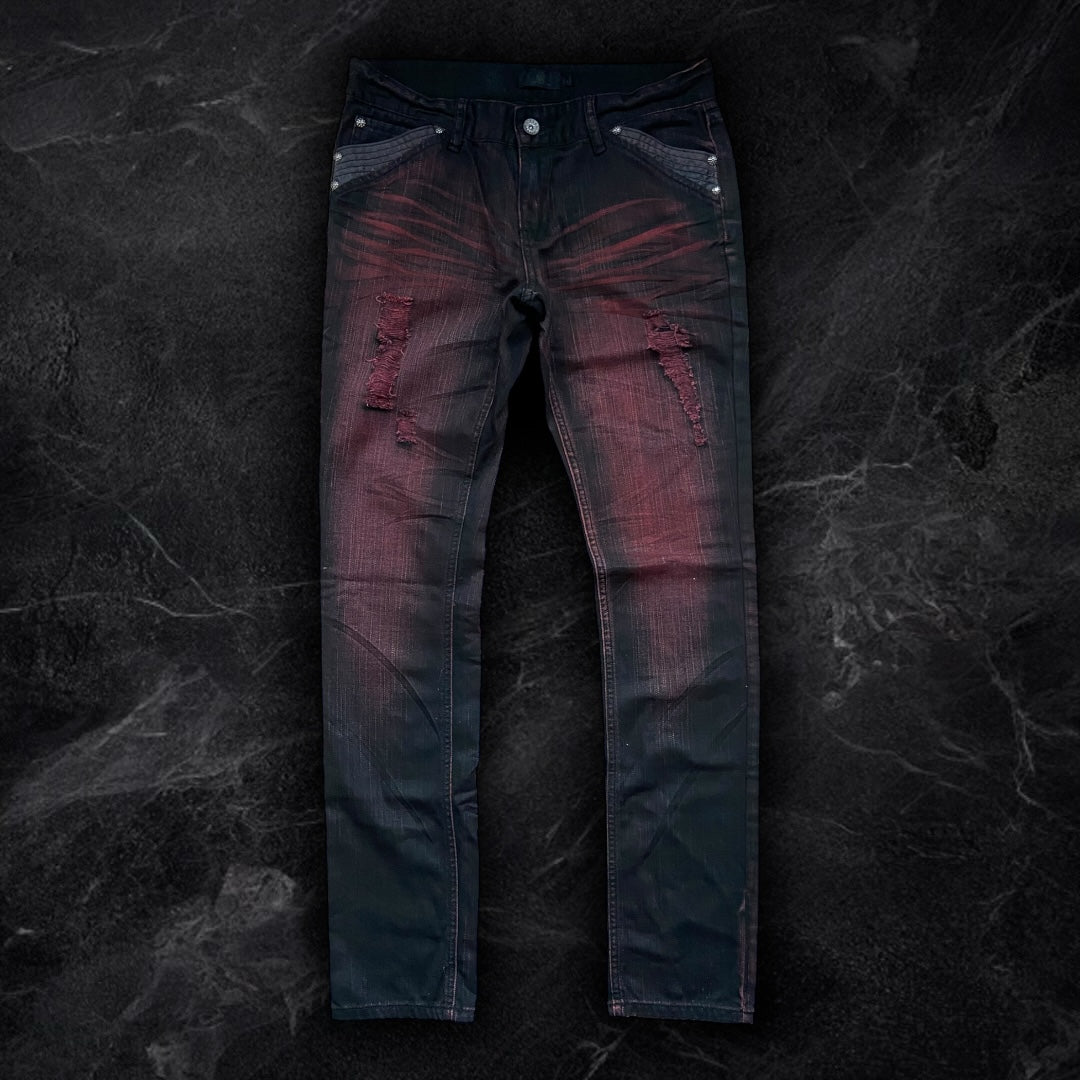 Japanese branded "blood red" jeans made for a slim fit, perfect to style with Margiela, Rick Owens shoes or boots