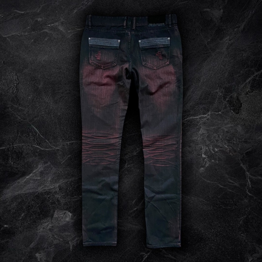 Japanese branded "blood red" jeans made for a slim fit, perfect to style with Margiela, Rick Owens shoes or boots